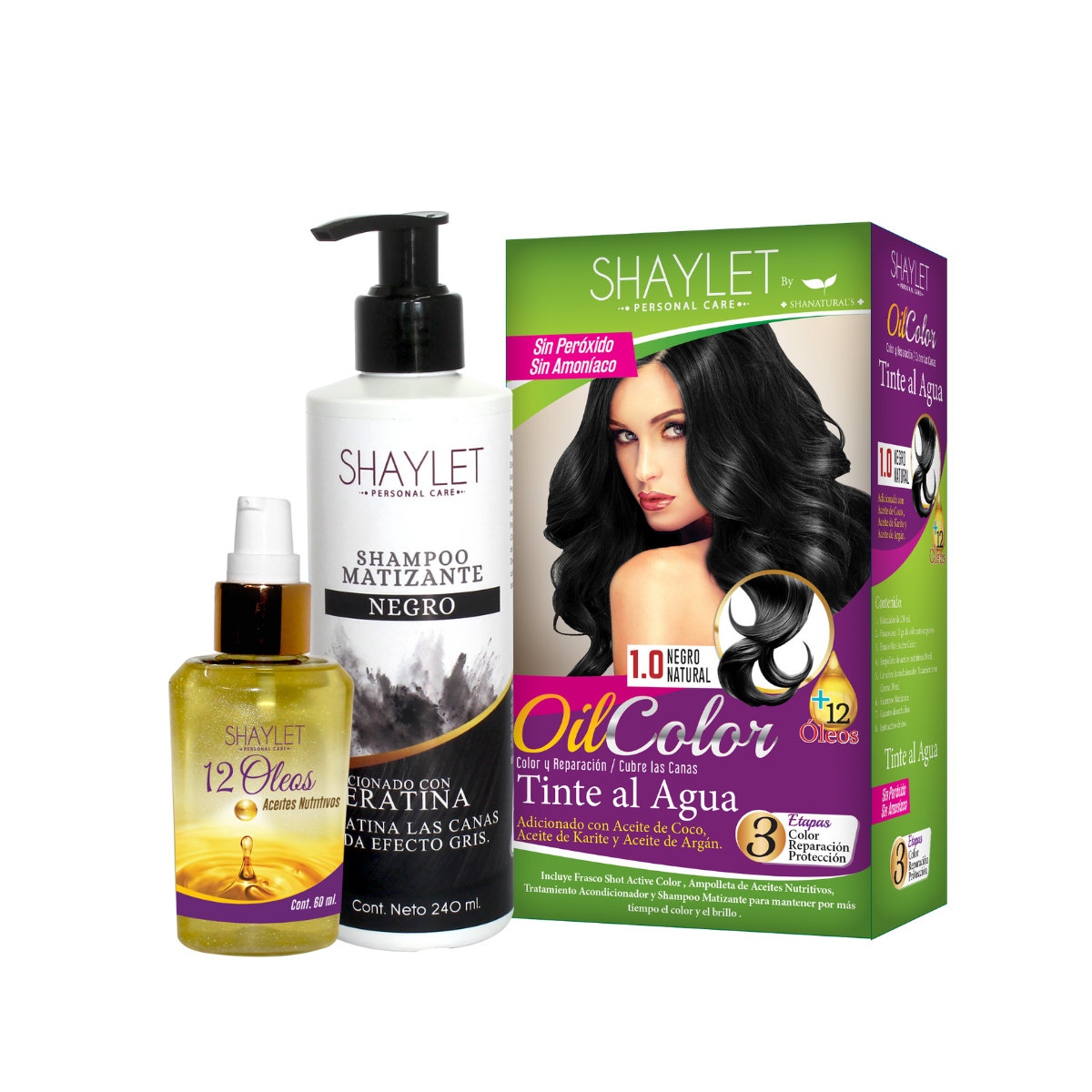 Kit para la belleza del cabello Tinte Negro + Matizante Negro + Aceite 12 Óleos Shanatural´s
