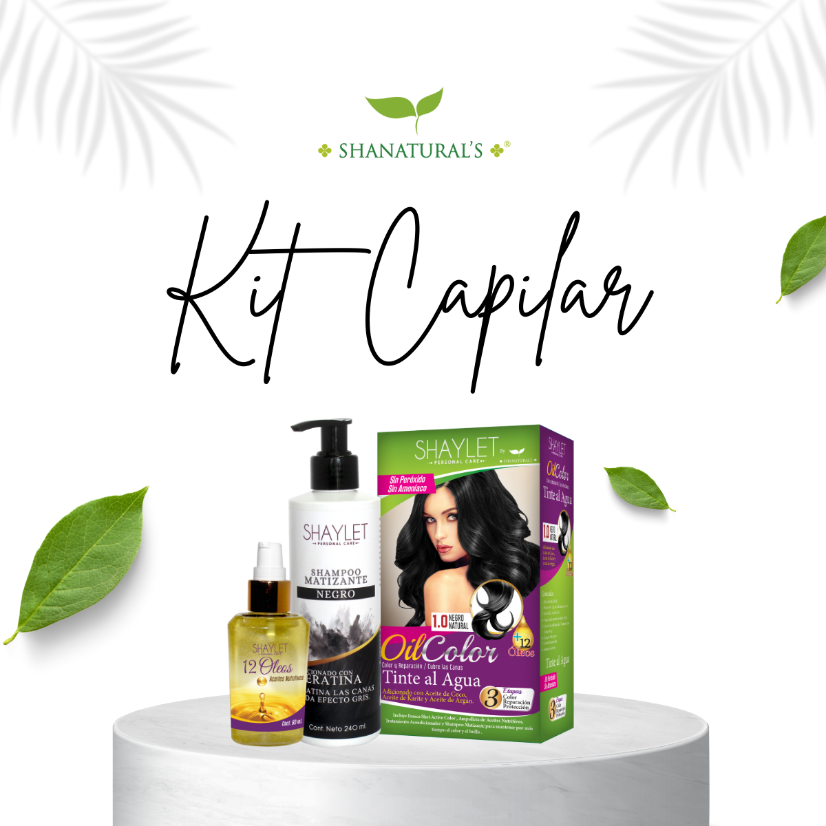 Kit para la belleza del cabello Tinte Negro + Matizante Negro + Aceite 12 Óleos Shanatural´s