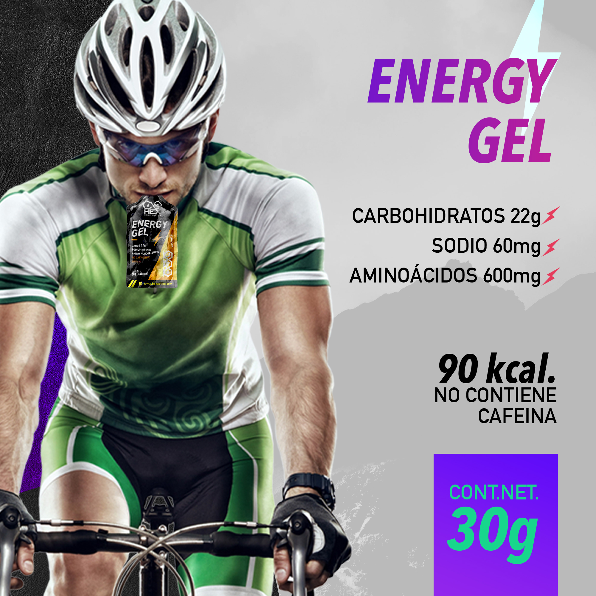 Hex - Gel Energético Sabor Caramelo - Pre y Post Entrenamiento - 12 Unidades de 30g c/u