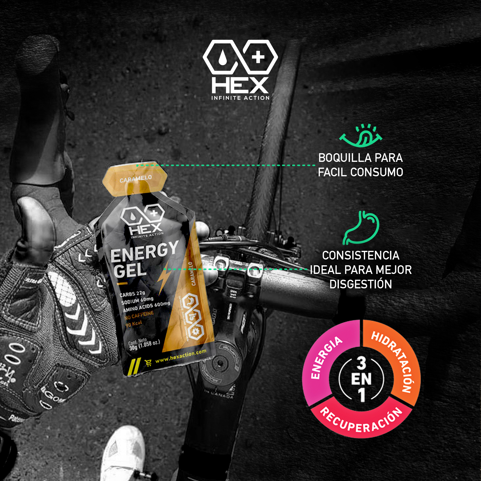 Hex - Gel Energético Sabor Caramelo - Pre y Post Entrenamiento - 12 Unidades de 30g c/u
