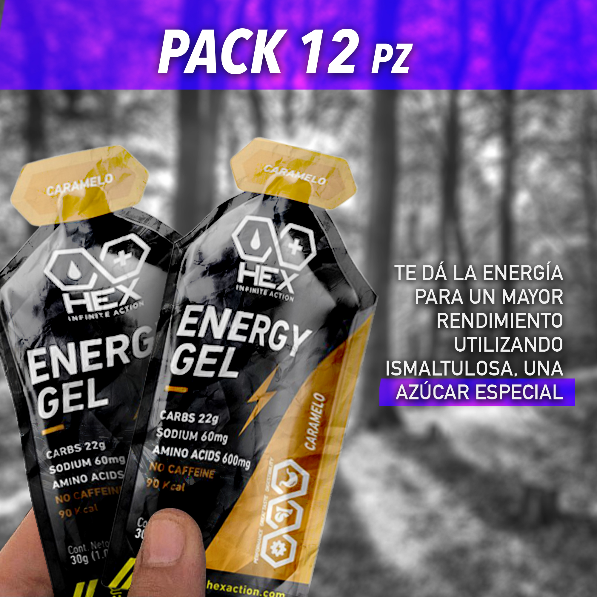 Hex - Gel Energético Sabor Caramelo - Pre y Post Entrenamiento - 12 Unidades de 30g c/u