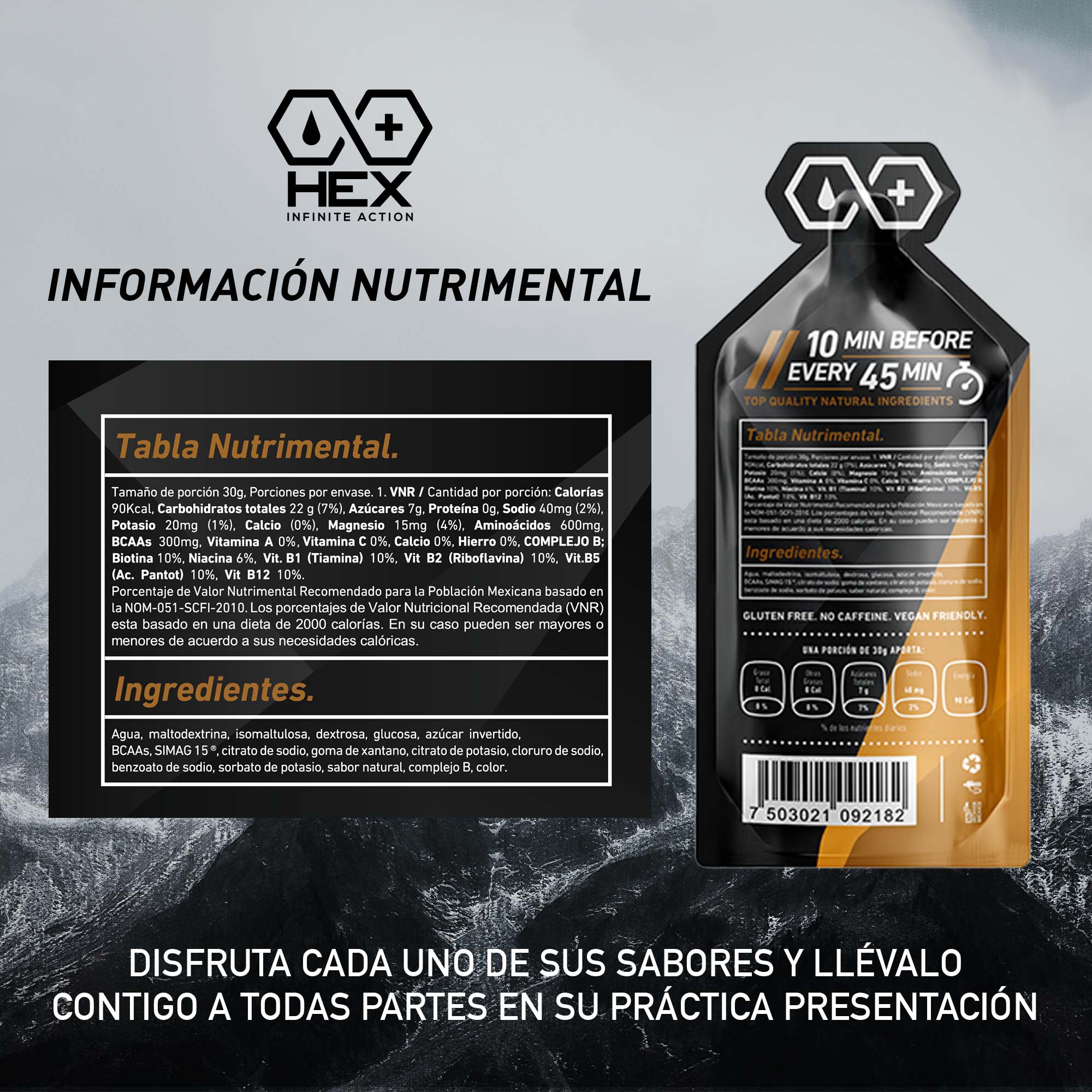 Hex - Gel Energético Sabor Caramelo - Pre y Post Entrenamiento - 12 Unidades de 30g c/u