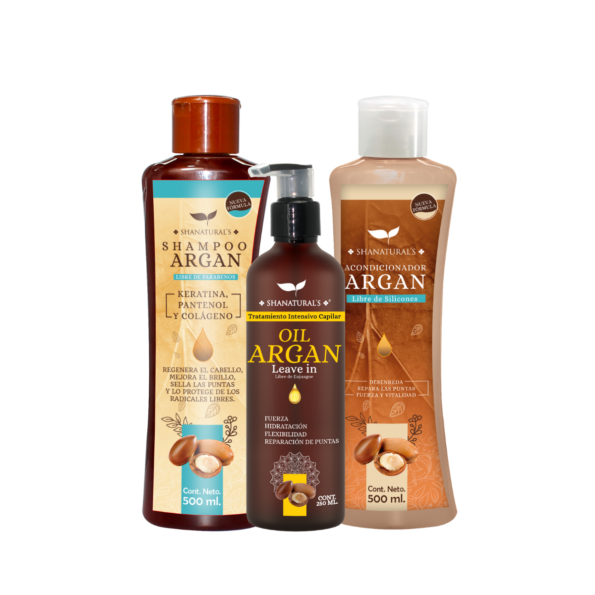 Kit para la belleza del cabello Shampoo + Acondicionador + Tratamiento capilar de argán Shanatural´s