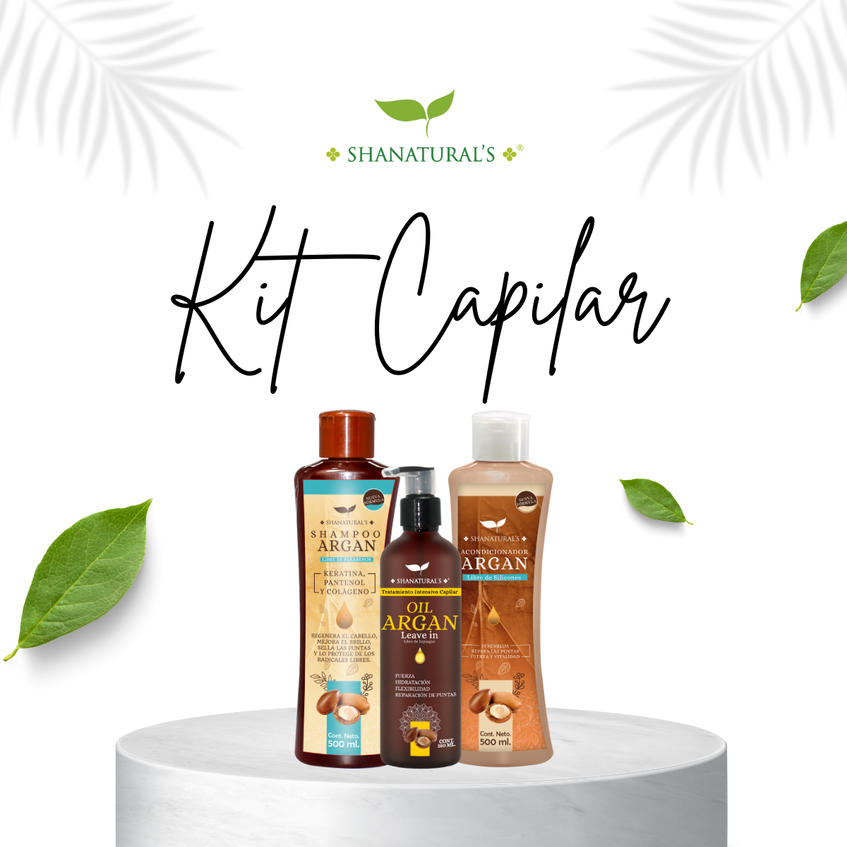 Kit para la belleza del cabello Shampoo + Acondicionador + Tratamiento capilar de argán Shanatural´s