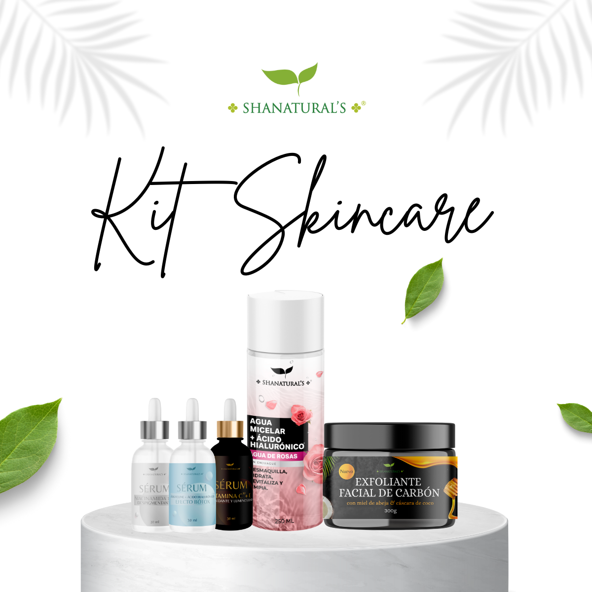 Kit facial para skincare Shanatural´s Limpiador Facial Agua de Rosas+ Exfoliante Facial + Sérum Antioxidante + Sérum Despigmentante + Sérum Efecto Botox