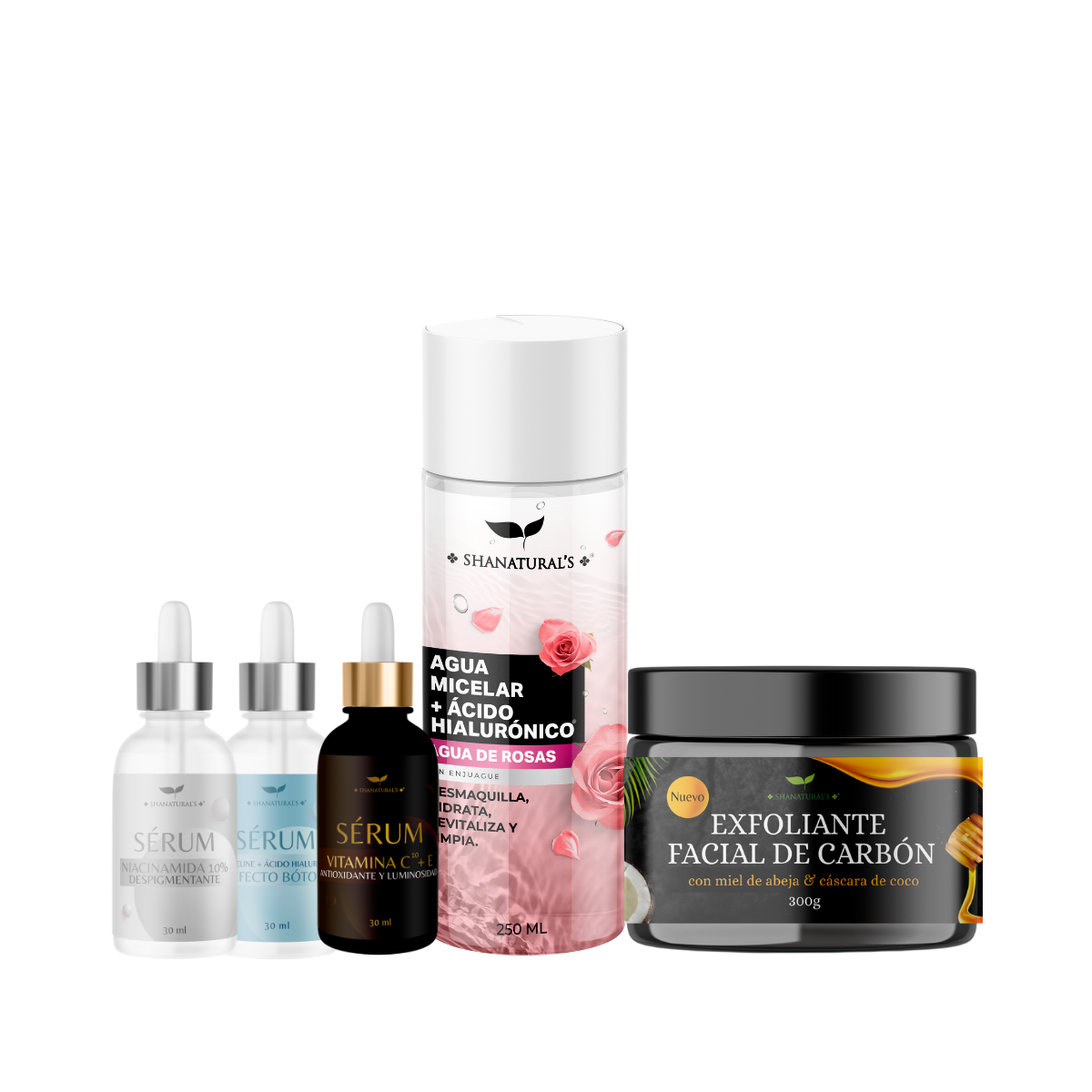 Kit facial para skincare Shanatural´s Limpiador Facial Agua de Rosas+ Exfoliante Facial + Sérum Antioxidante + Sérum Despigmentante + Sérum Efecto Botox