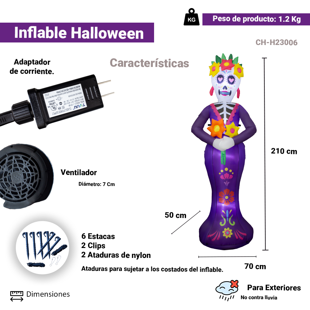 Inflables De Halloween en Forma de Catrina 2.10 cm, Inflable Grande con Luces LED