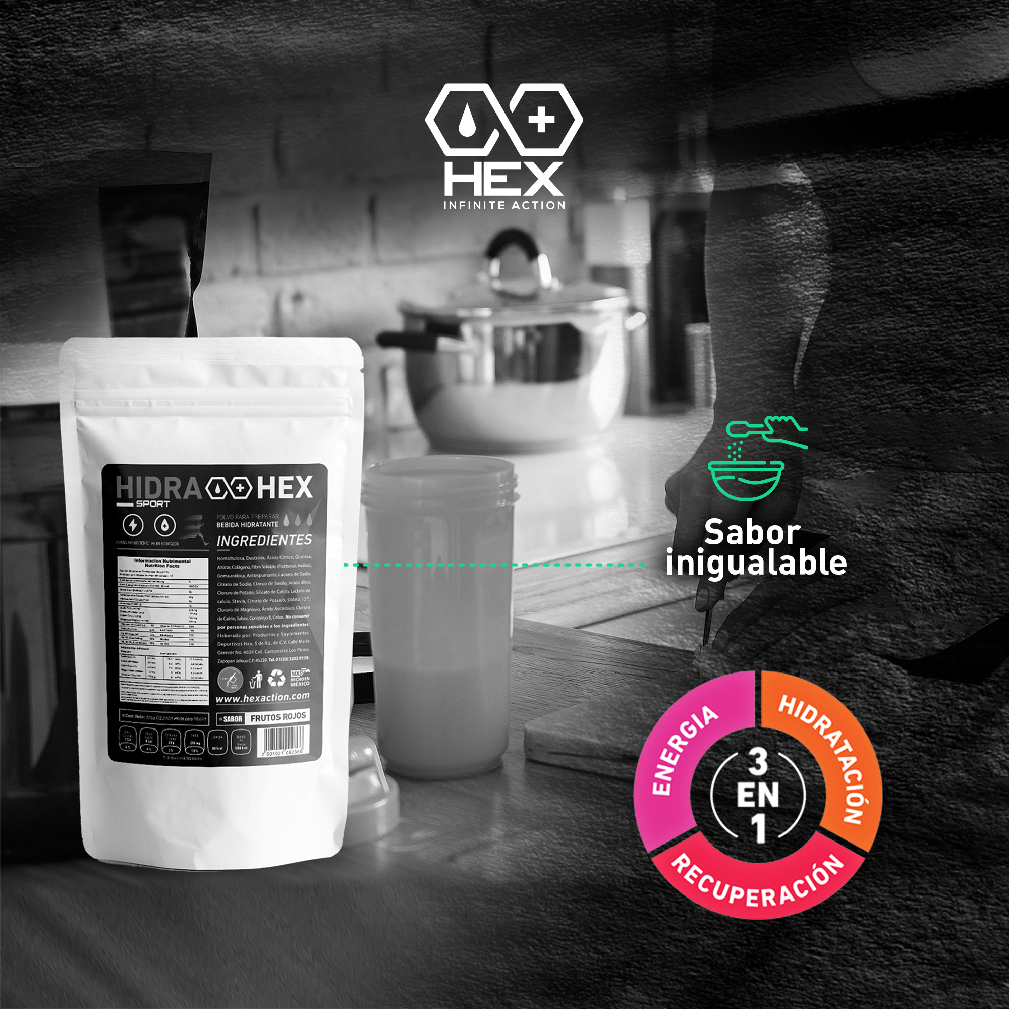 Polvo para Preparar Bebida Rehidratante a base de Electrolitos Sabor Frutos Rojos - 375gr - Hex Infinite Action