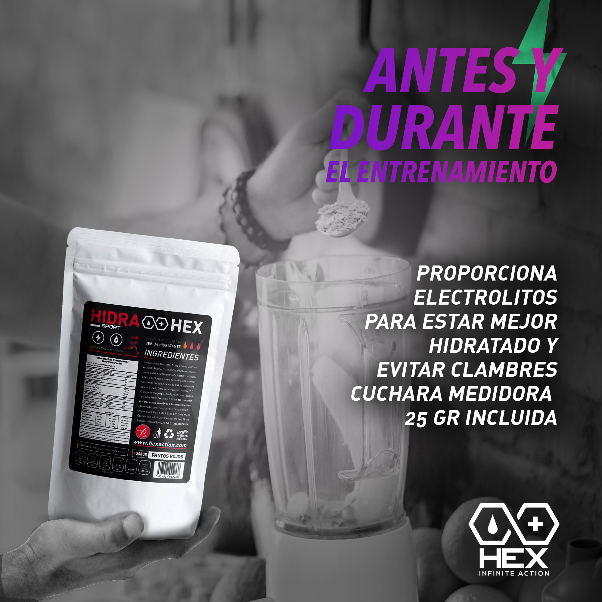 Polvo para Preparar Bebida Rehidratante a base de Electrolitos Sabor Frutos Rojos - 375gr - Hex Infinite Action