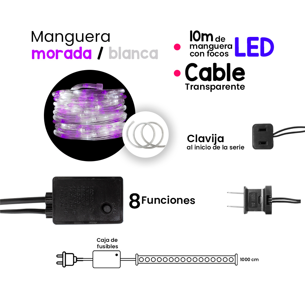 Manguera Decorativa Luz Led Rosa/Morado Uso Exterior/Interior Cable Recubierto Gel 10 m