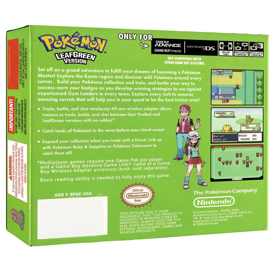 Pokémon Leaf Green Gba Juego Físico En Caja Con Protección