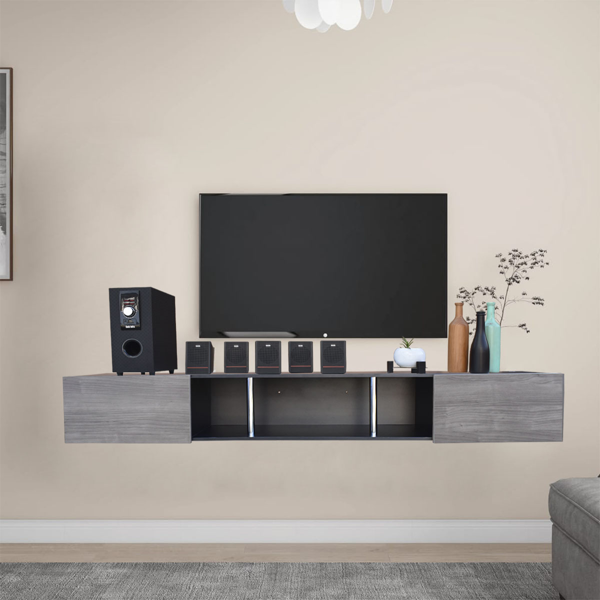 Centro De Entretenimiento para tv Flotante Hogare 160, con 2 Puertas color  Negro Gris