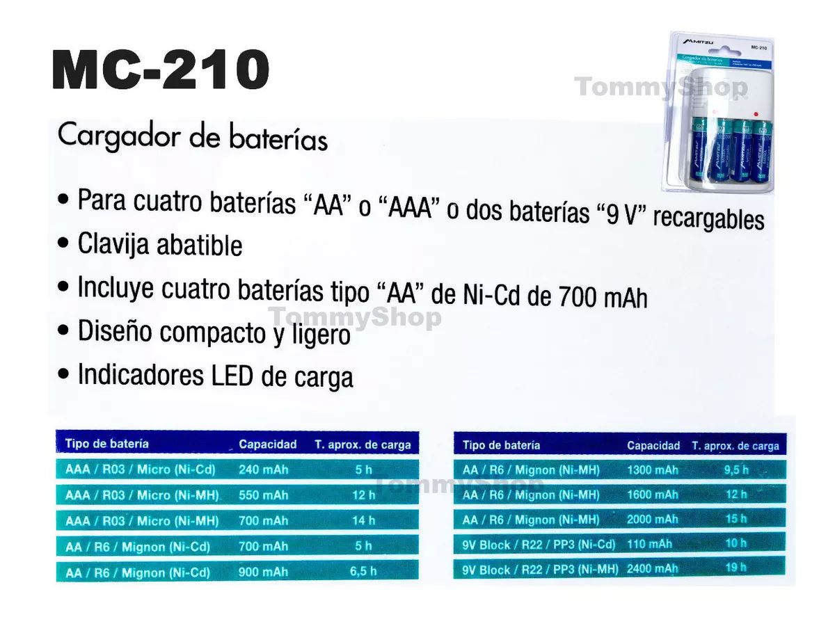 Cargador + 4 Pilas Recargables Doble Aa Ni-cd 1.2v mitzu
