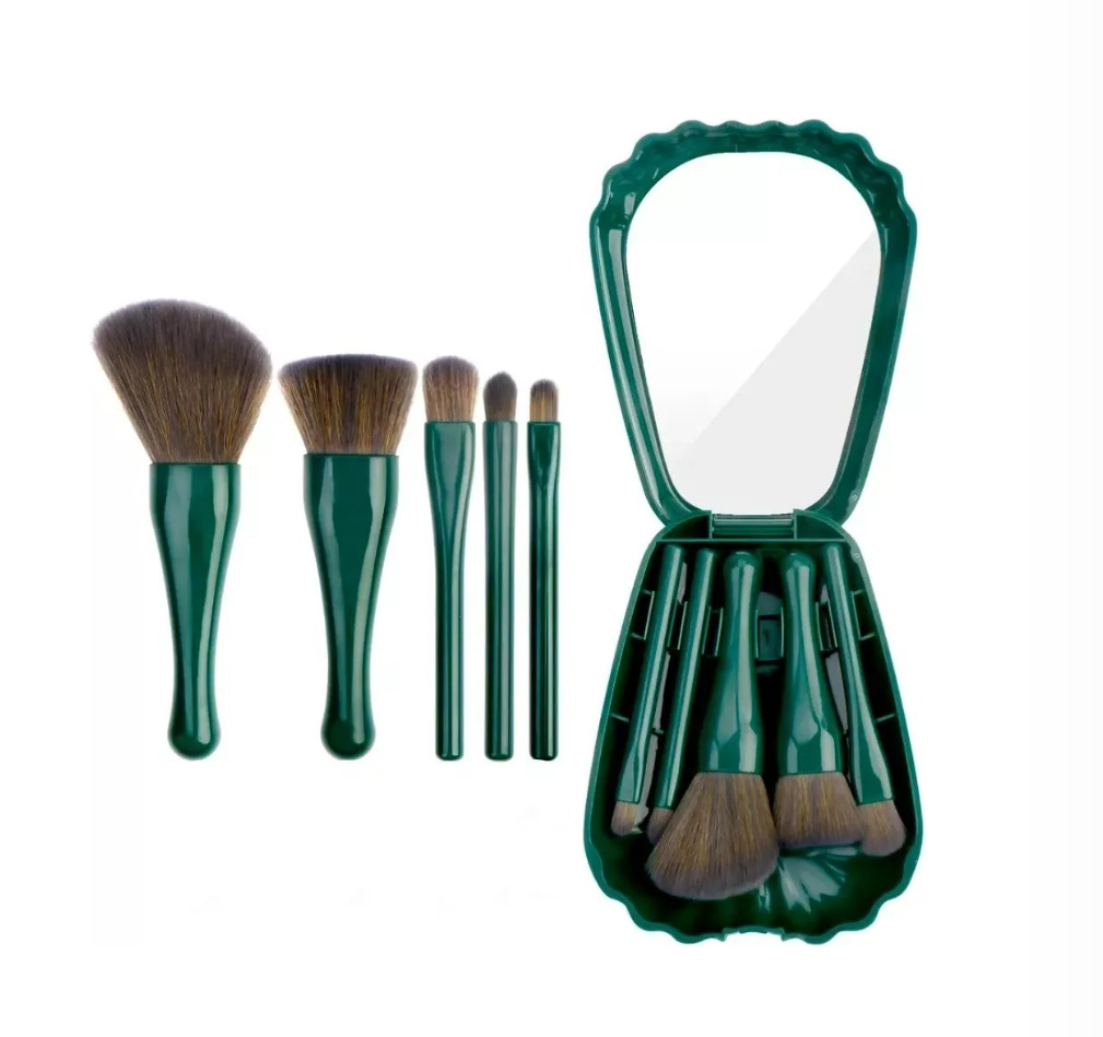 Set De Brochas Para Maquillaje Con Espejo Estuche Concha verde