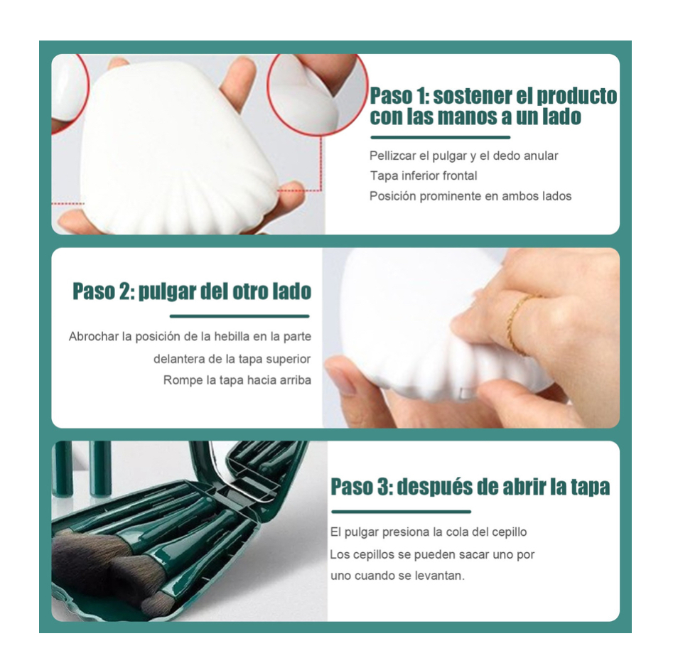 Set De Brochas Para Maquillaje Con Espejo Estuche Concha verde