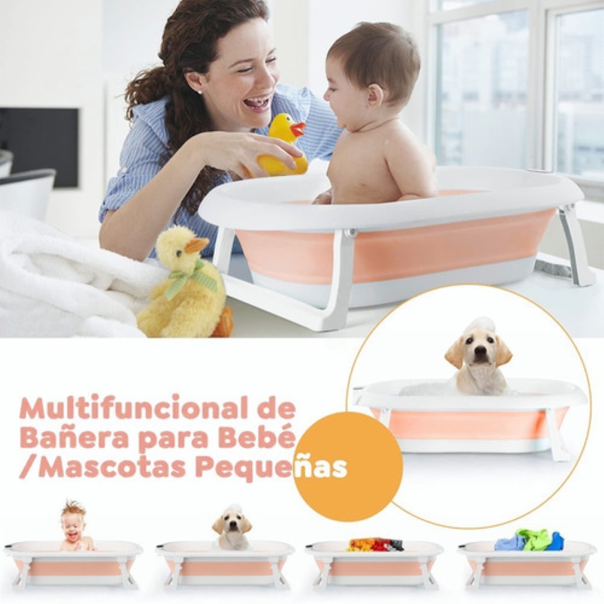 Bañera Tina De Baño Con Cojin Y Termometro De Bebés Plegable Rosa
