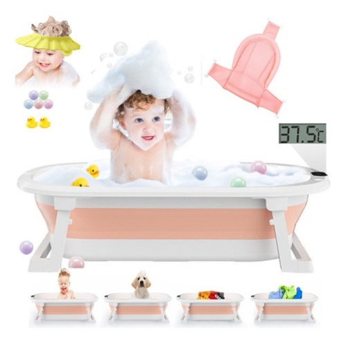 Hengda Bañera bebé plegable escalable + Cojín de baño, con Termómetro Gris  60,5x43x20,5cm