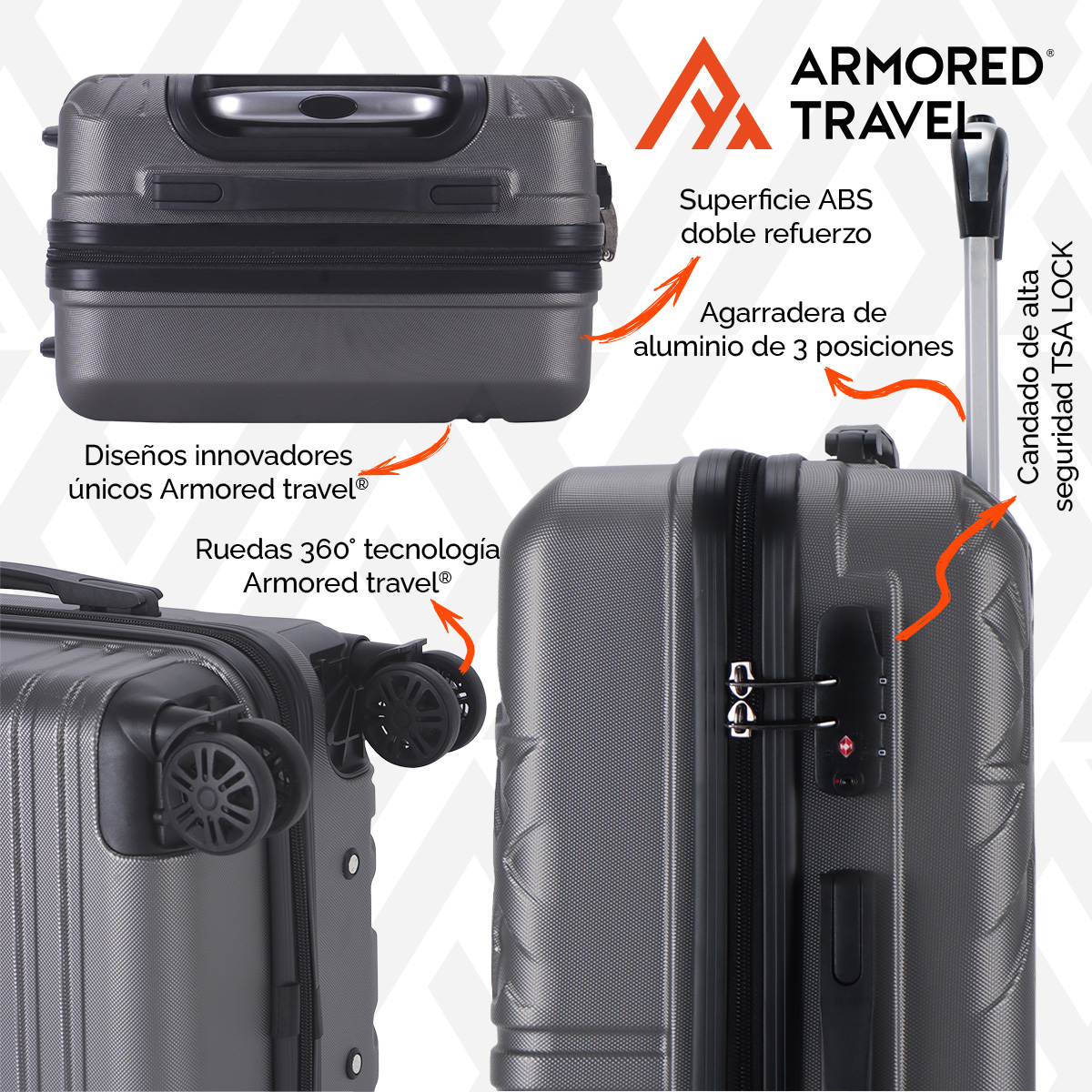 Maleta de viaje Carry On de mano cabina 20 pulgadas 10 kg ABS doble calibre candado de alta seguridad TSA LOCK Gris Armored Travel.