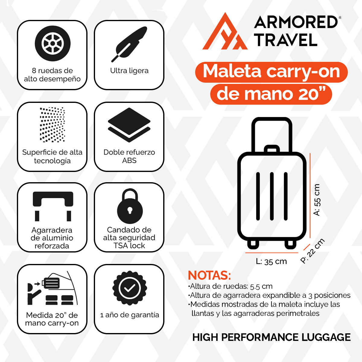Maleta de viaje Carry On de mano cabina 20 pulgadas 10 kg ABS doble calibre candado de alta seguridad TSA LOCK Verde Armored Travel.