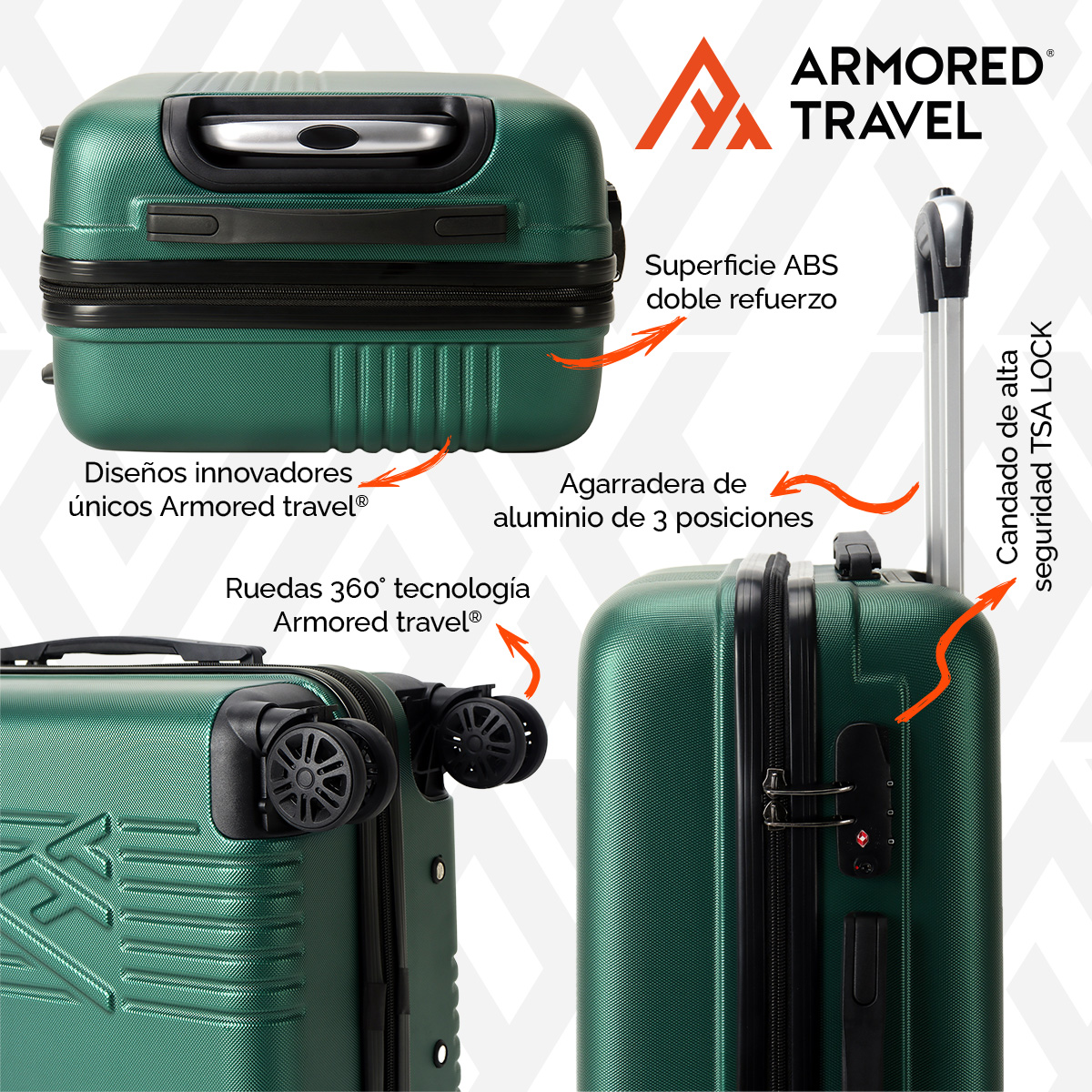 Maleta de viaje Carry On de mano cabina 20 pulgadas 10 kg ABS doble calibre candado de alta seguridad TSA LOCK Verde Armored Travel.