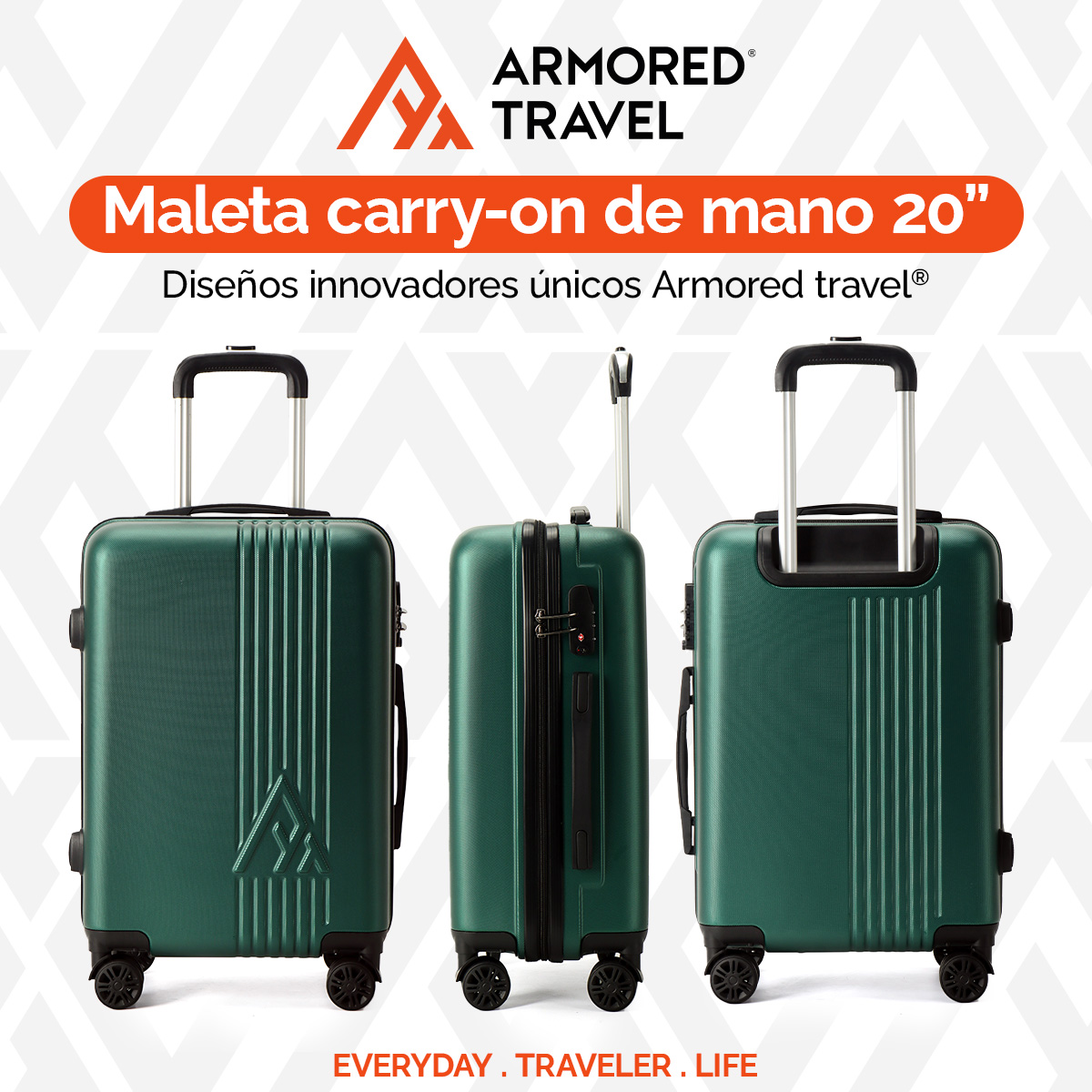 Maleta de viaje Carry On de mano cabina 20 pulgadas 10 kg ABS doble calibre candado de alta seguridad TSA LOCK Verde Armored Travel.