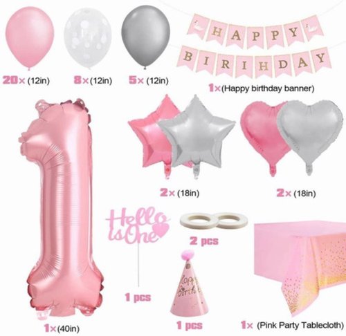6 globos rosa pastel de 1 año, decoraciones de fiesta de 1er cumpleaños,  globos de 1er cumpleaños para niñas, decoraciones de globos de fiesta rosa