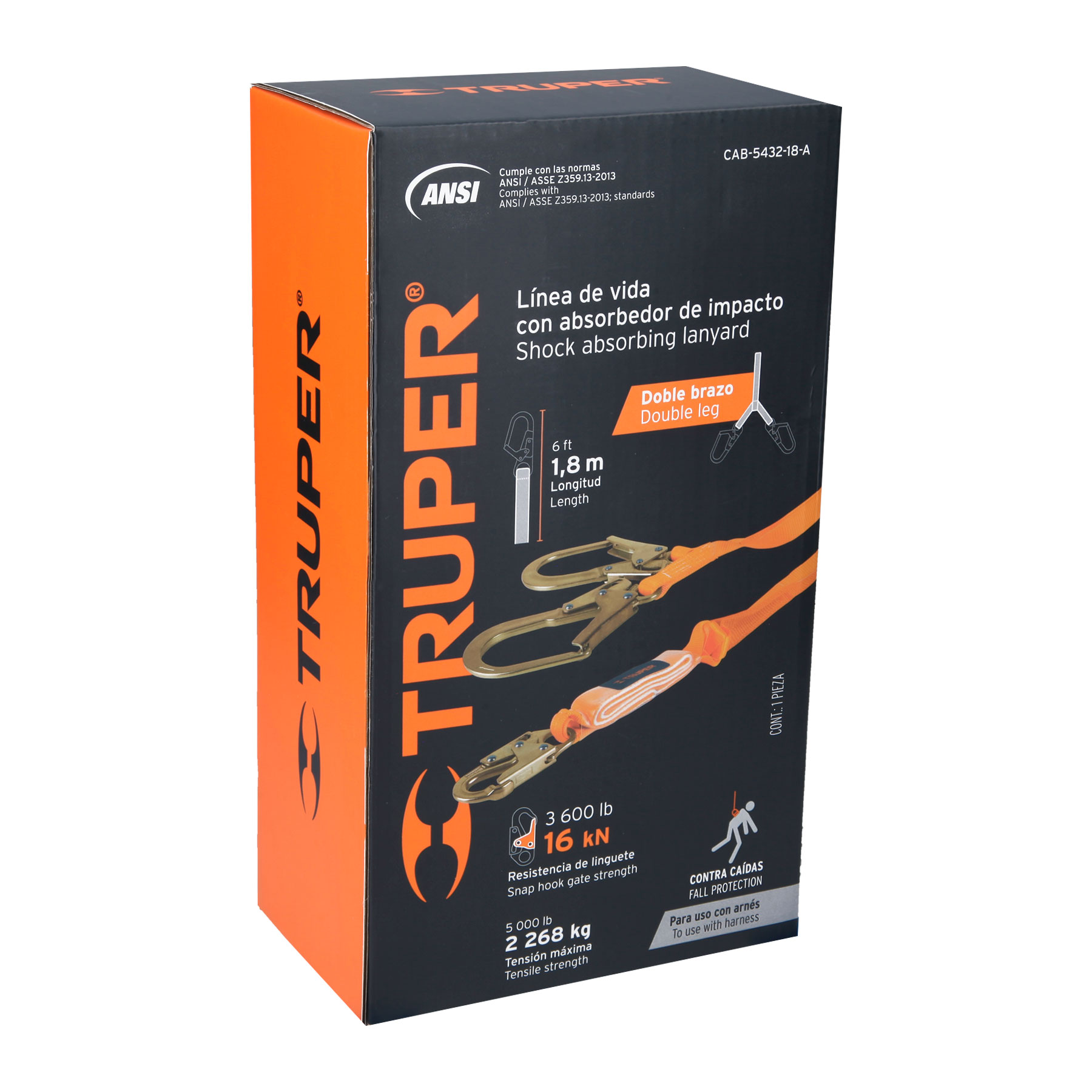 LÍNEA VIDA ABSORBEDOR IMPACTO DOBLE BRAZO GANCHO GRANDE, ANSI TRUPER 10509