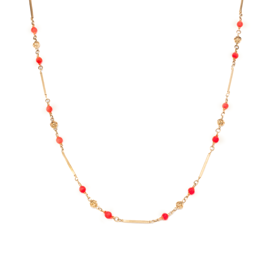 Gargantilla Estético Coral Rojo Oro 14 kilates. Oro Fino Joyería.