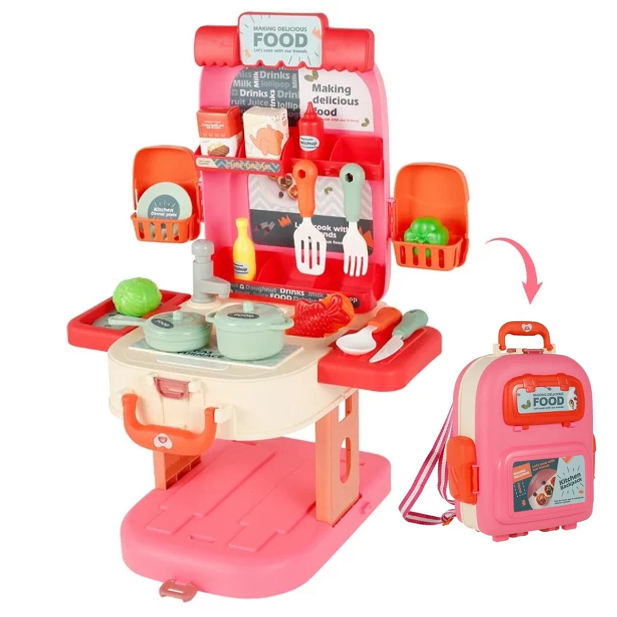 Maleta Mochila en Juguete Cocina Portatil Infantil Rosa