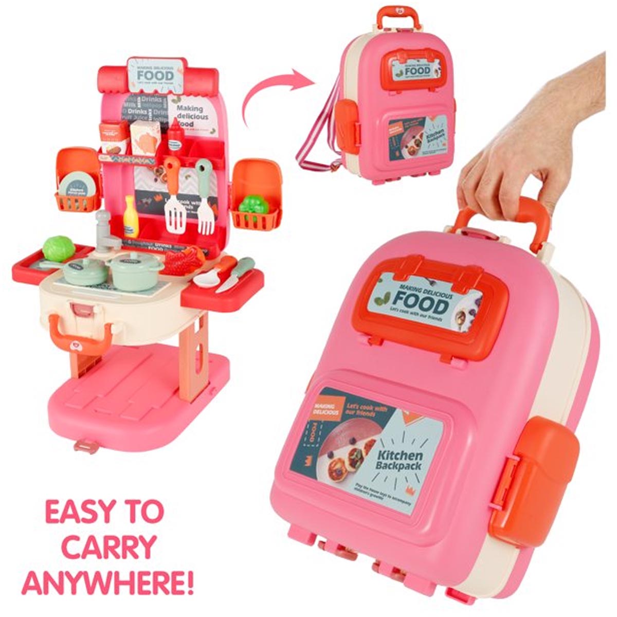 Maleta Mochila 3 en 1 Juguete Cocina Portatil Infantil Rosa