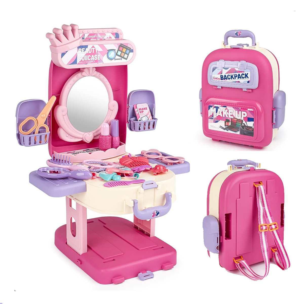 Maleta Mochila 3 en 1 Juguete Set de Belleza Portatil Infantil Rosa