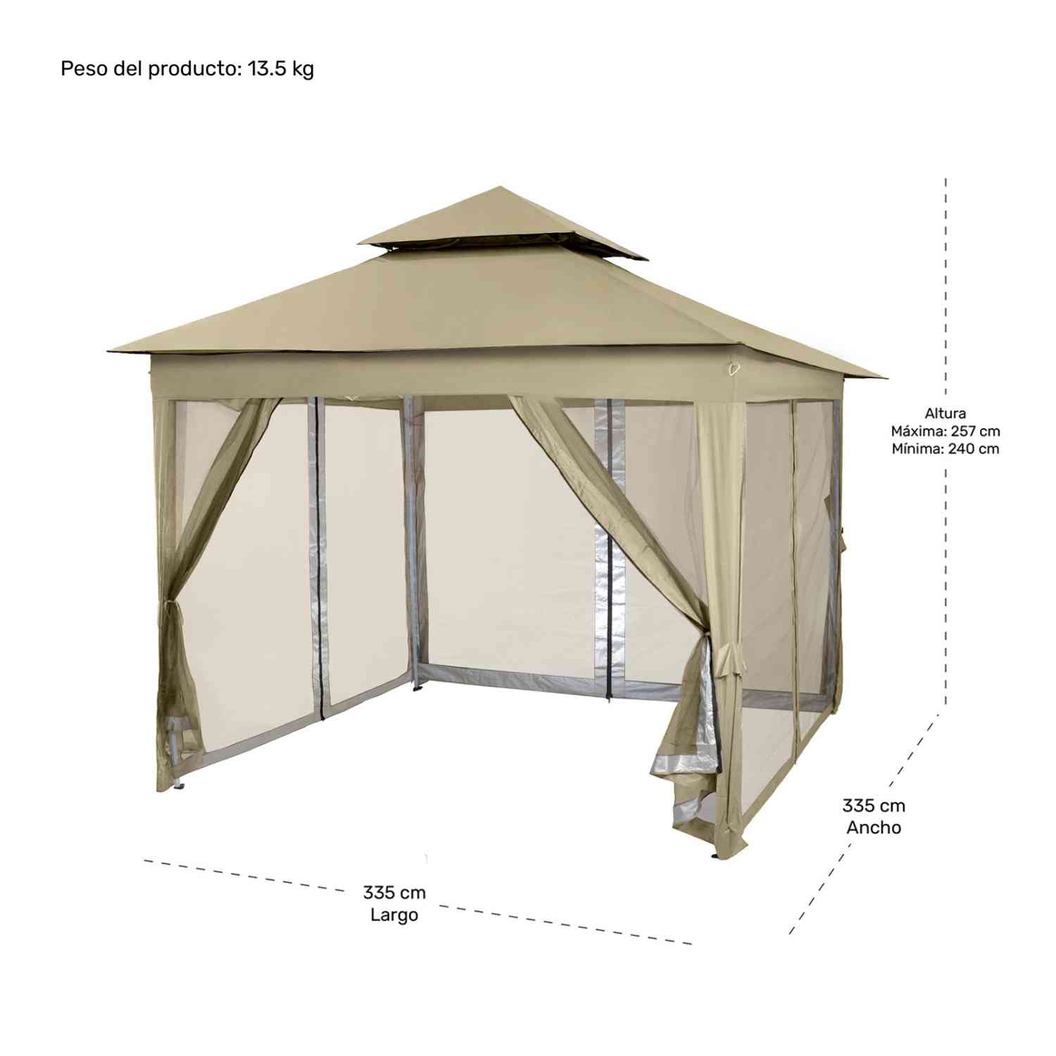 Toldo Gazebo Pergola 3.3x3.3mts Paredes Jardin Impermeable Beige