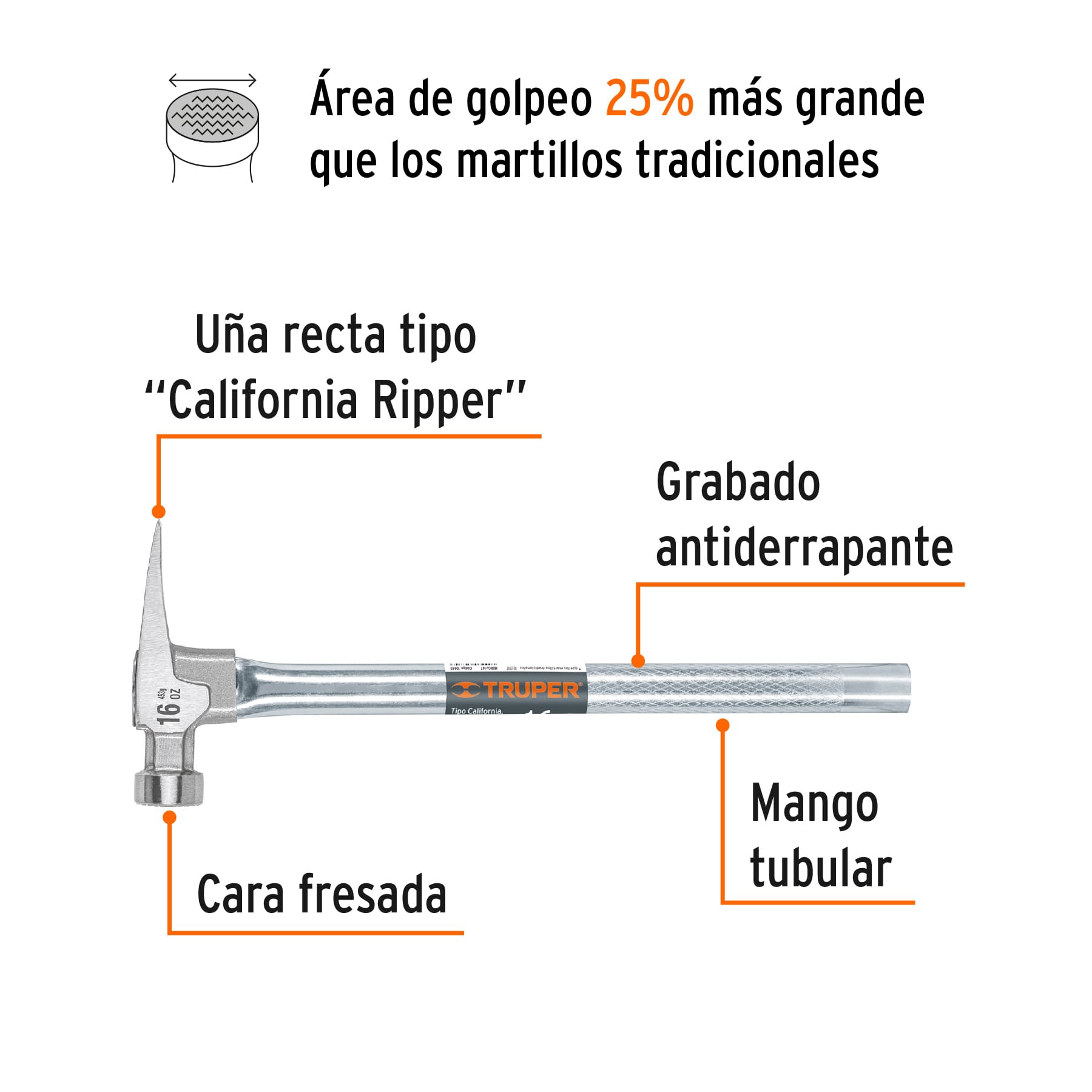 MARTILLO TUBULAR 16 OZ UÑA CALIFORNIA RIPPER, CARA FRESADA TRUPER 10643