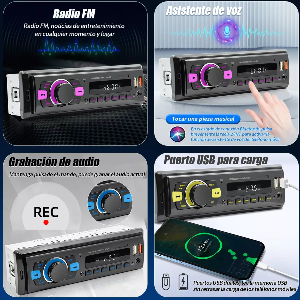 Auto Estereo Coche Reproductor Mp3 Radio Con Bt Aux 2usb Sd