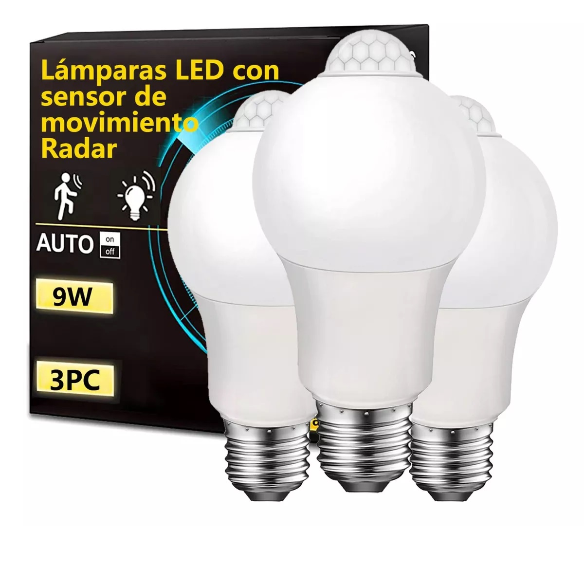 Set 3 Focos Led Ahorrador Con Sensor De Movimiento 9w E27