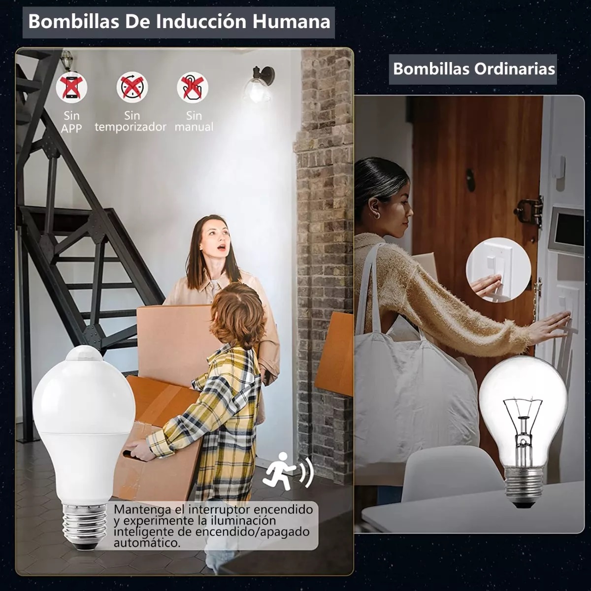 Set 3 Focos Led Ahorrador Con Sensor De Movimiento 9w E27