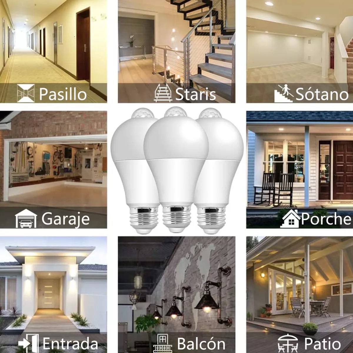 Set 3 Focos Led Ahorrador Con Sensor De Movimiento 9w E27