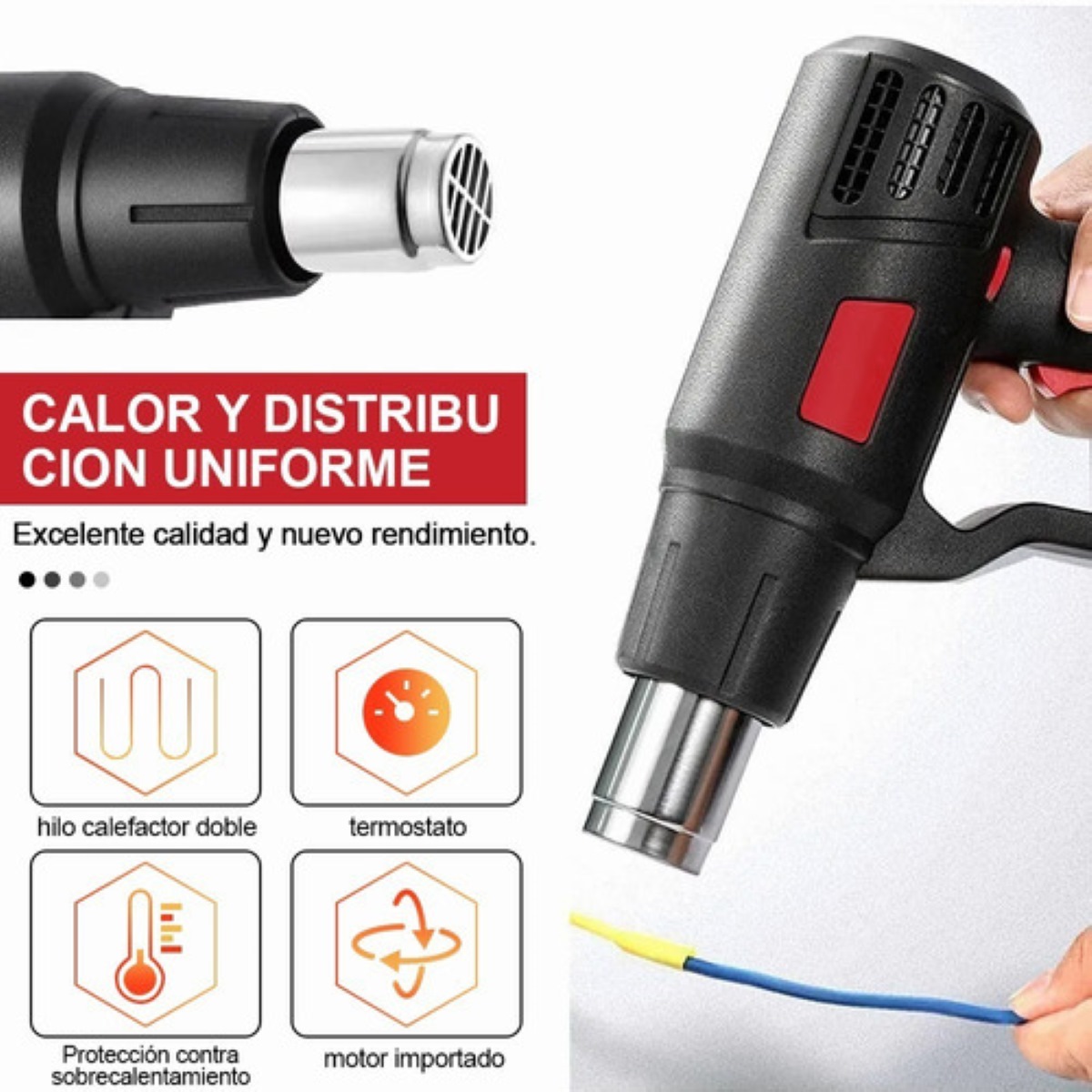 Pistola De Calor De 2000w Temperatura Regulable 4 Boquillas Negro
