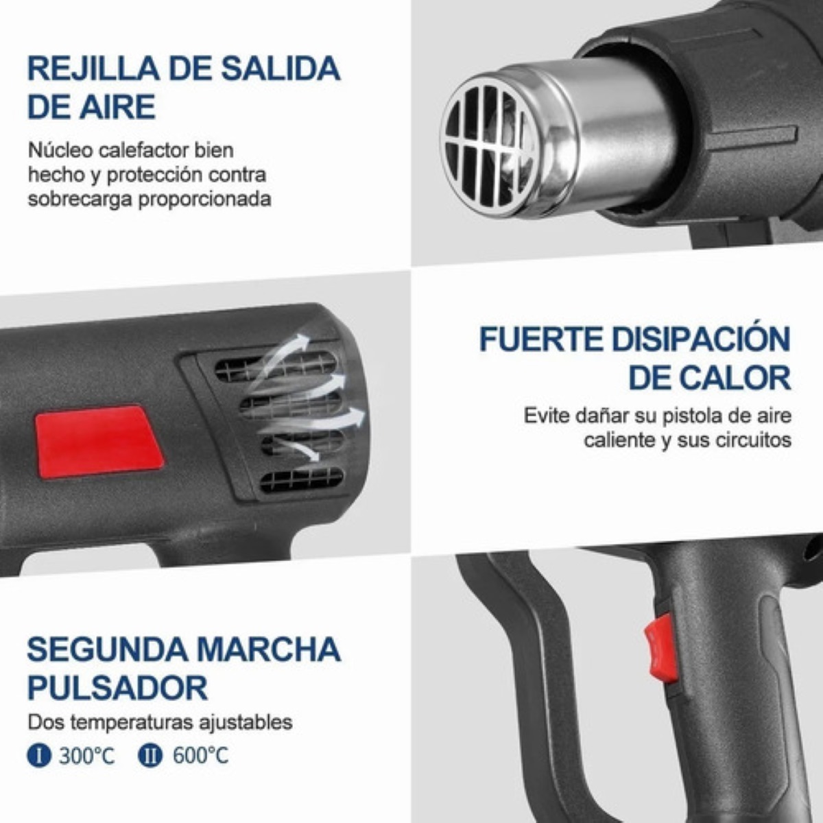 Pistola De Calor De 2000w Temperatura Regulable 4 Boquillas Negro