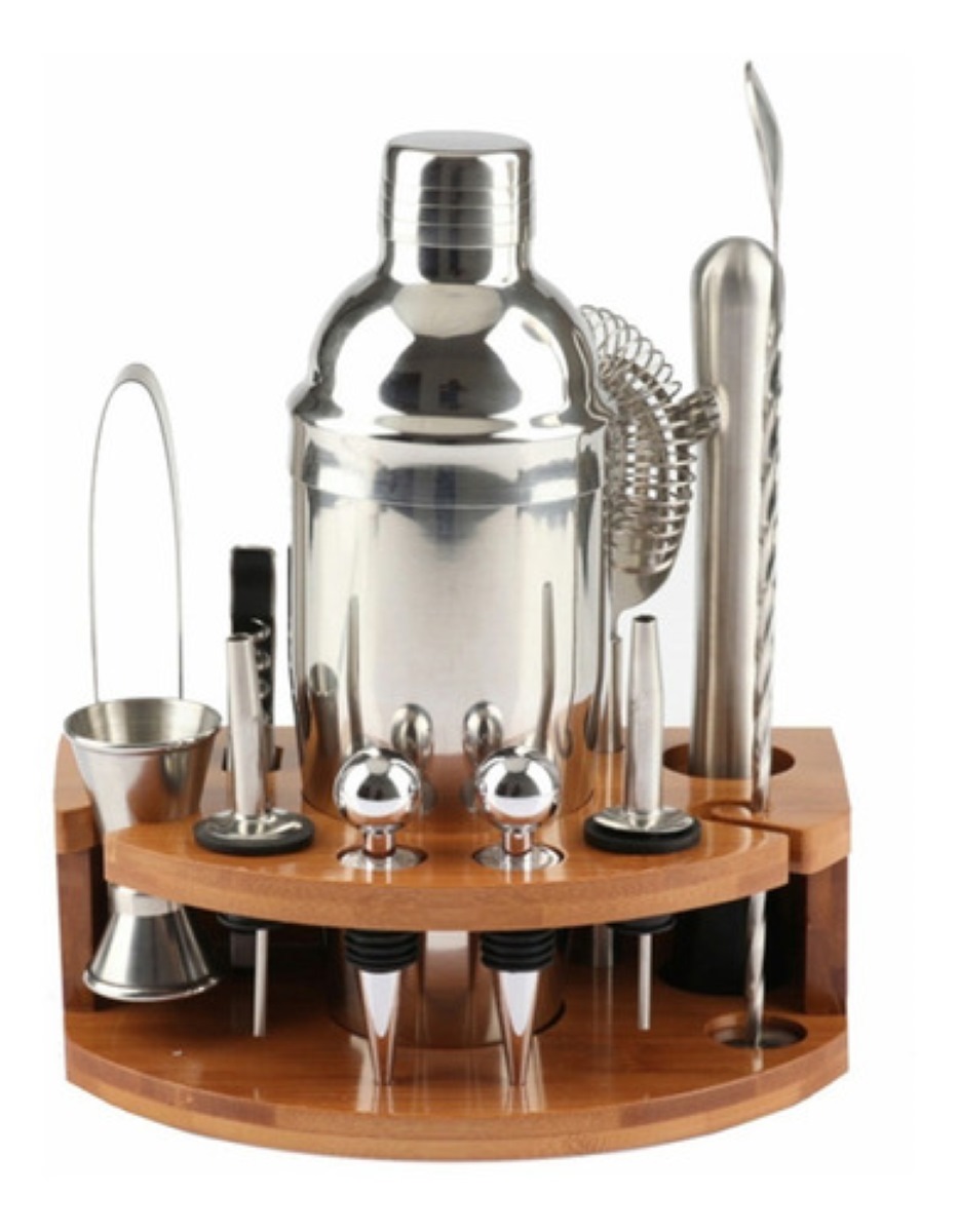 Kit Bar Cóctel 12 Pz Barman Destapador Utensilios Plata BAse Marron 