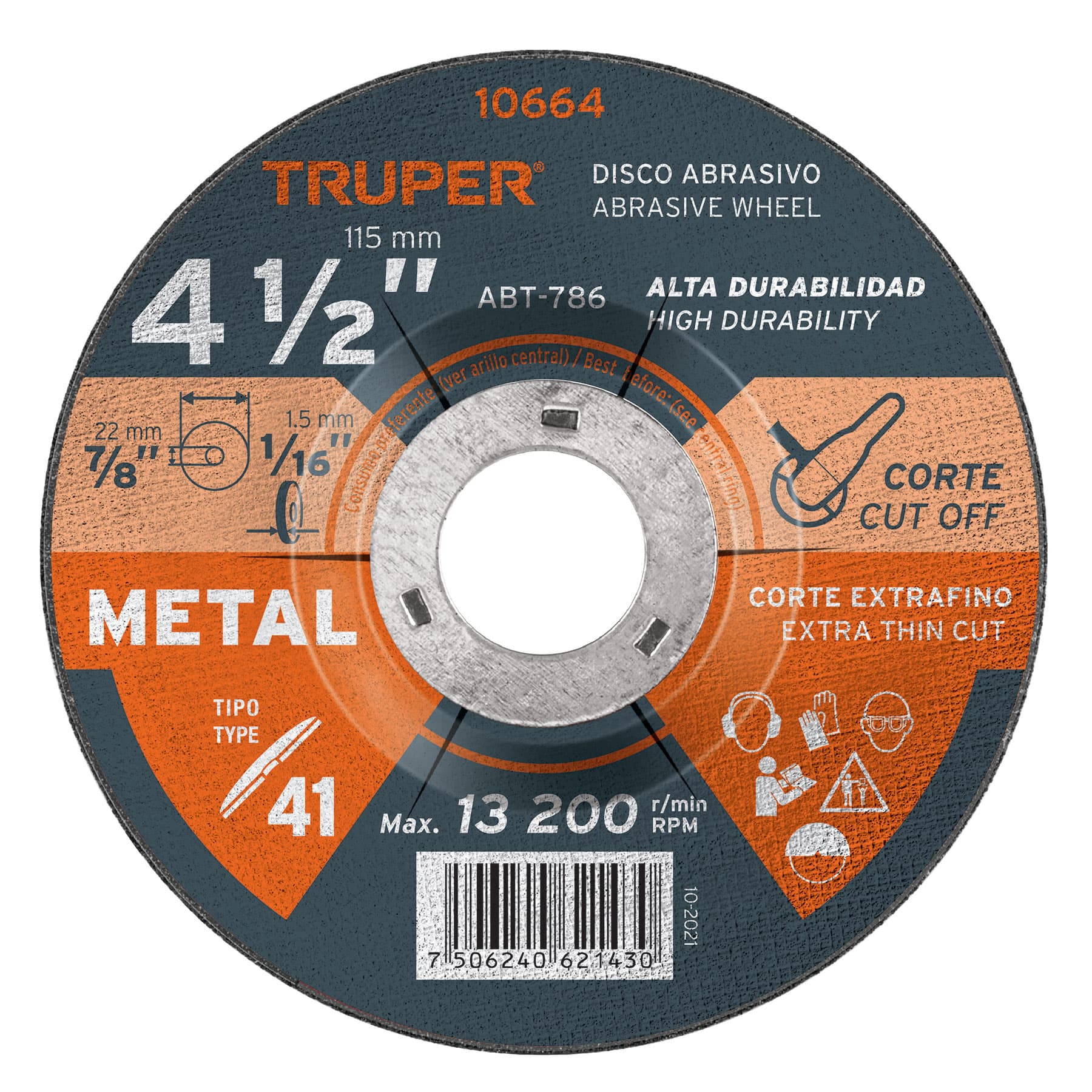 DISCO DE 4-1/2" PARA CORTE DE METAL, TIPO 41, TRUPER 10664