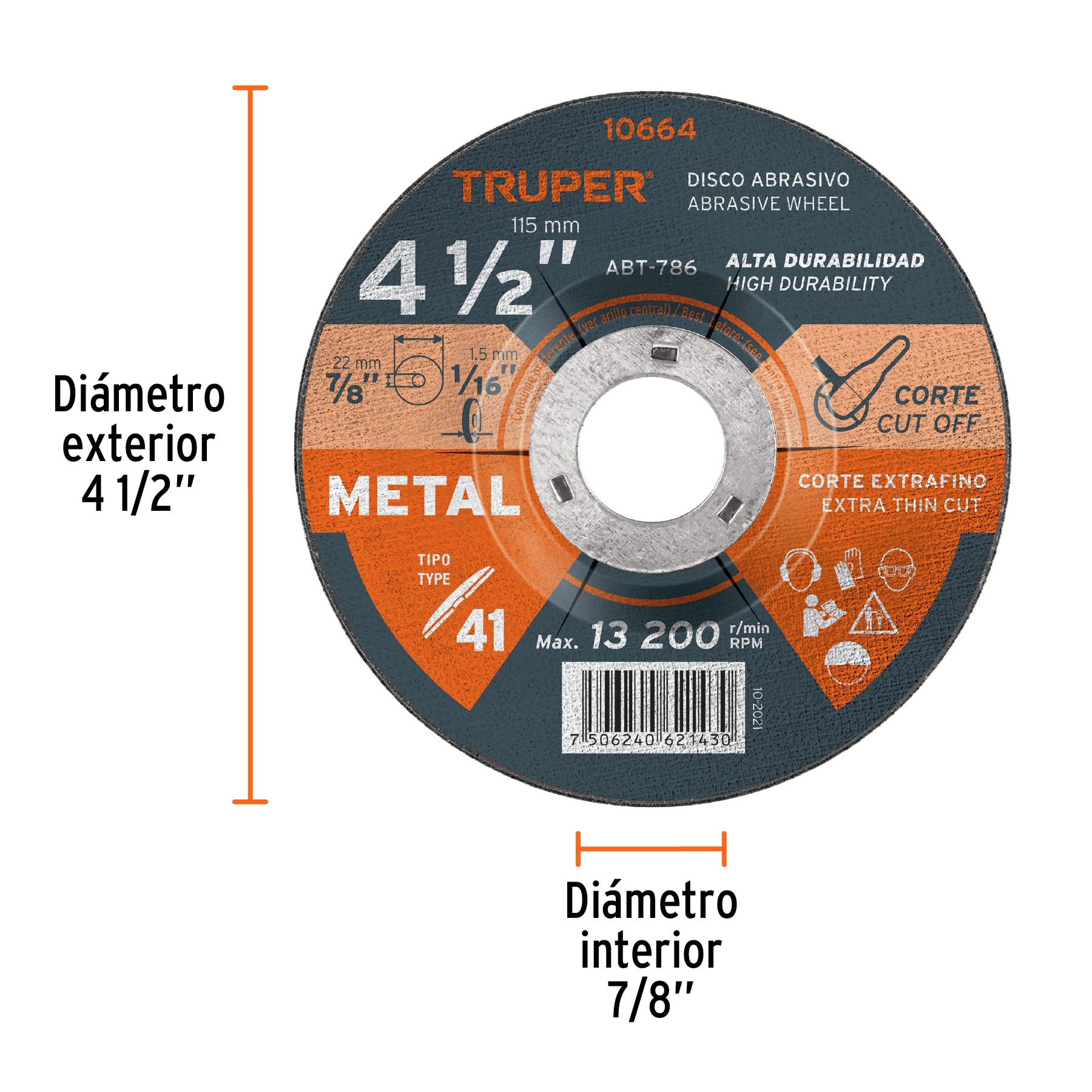DISCO DE 4-1/2" PARA CORTE DE METAL, TIPO 41, TRUPER 10664
