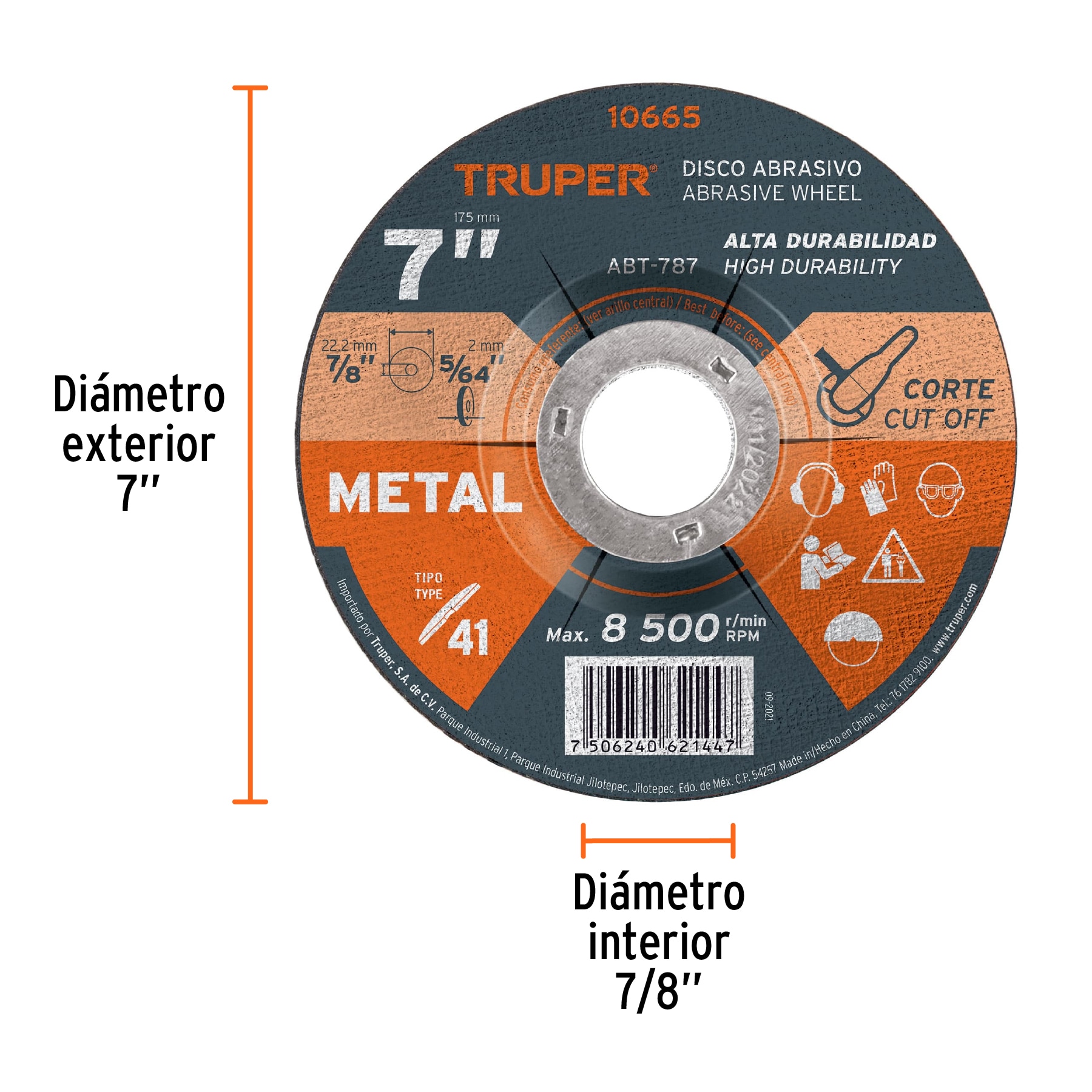 DISCO DE 7" PARA CORTE DE METAL, TIPO 41, TRUPER 10665