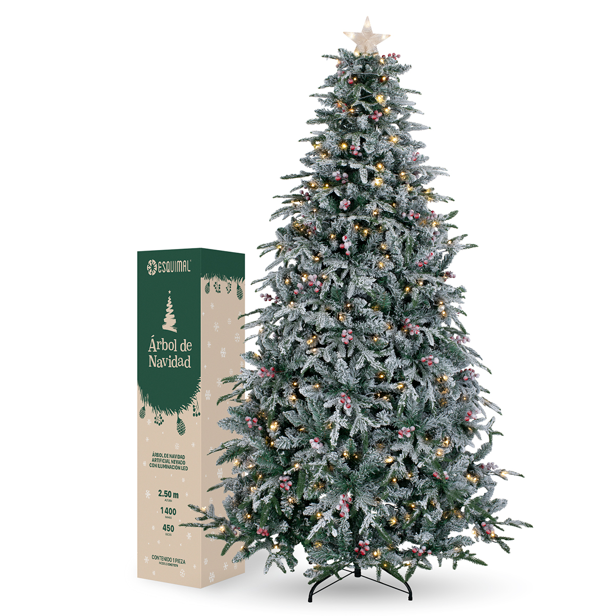 Árbol de Navidad Nevado Luces Led Bayas+ Estrella 2.5m Verde para ESQUIMAL