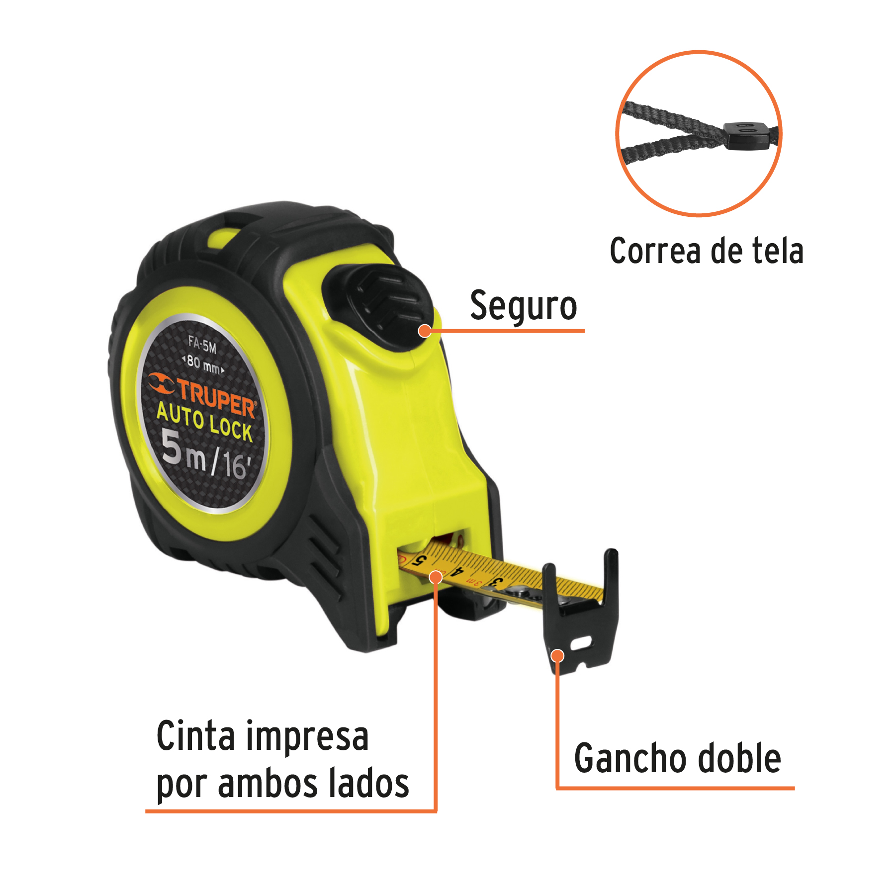 FLEXÓMETRO AUTO-LOCK CONTRA IMPACTOS 5 M CINTA 19 MM TRUPER 10747