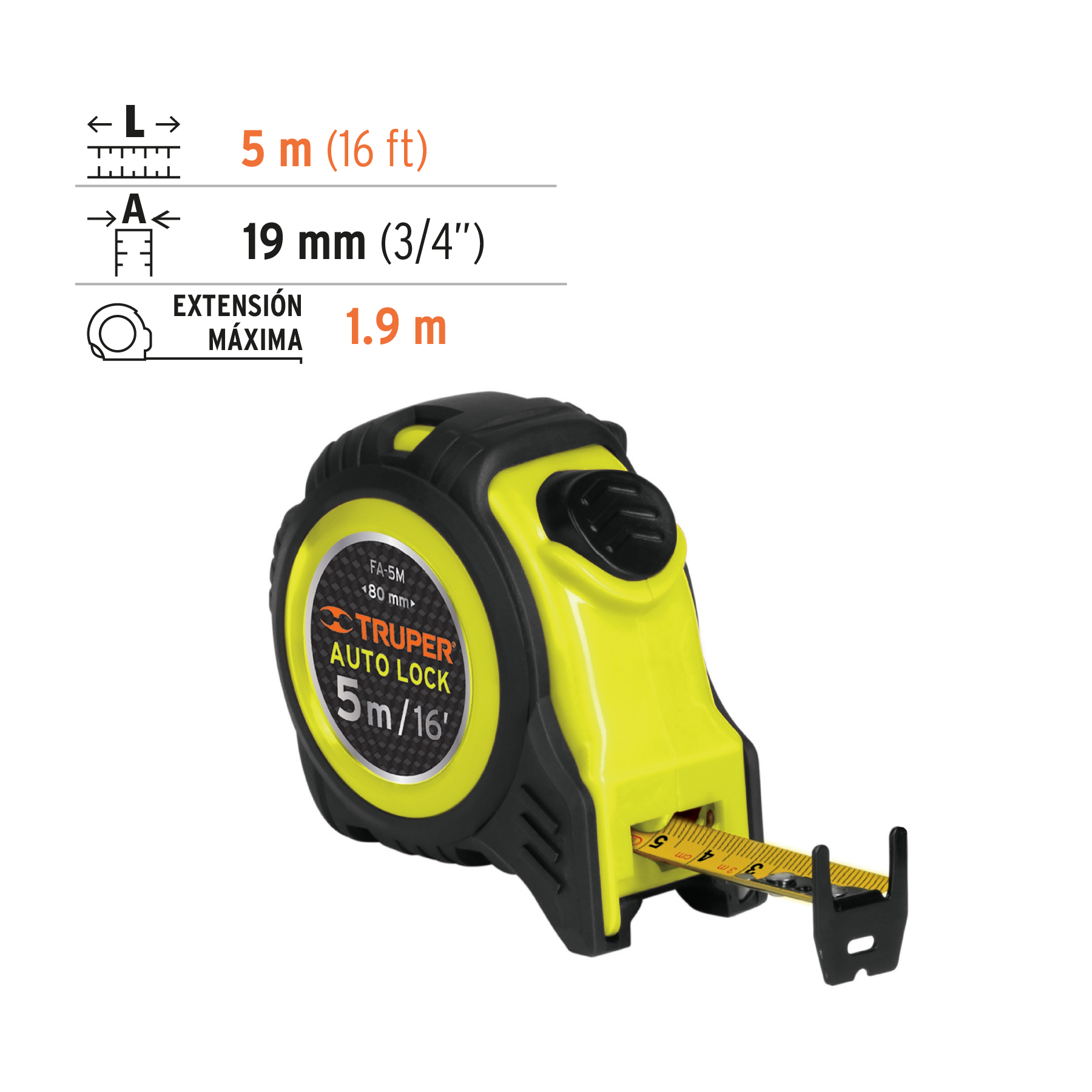 FLEXÓMETRO AUTO-LOCK CONTRA IMPACTOS 5 M CINTA 19 MM TRUPER 10747