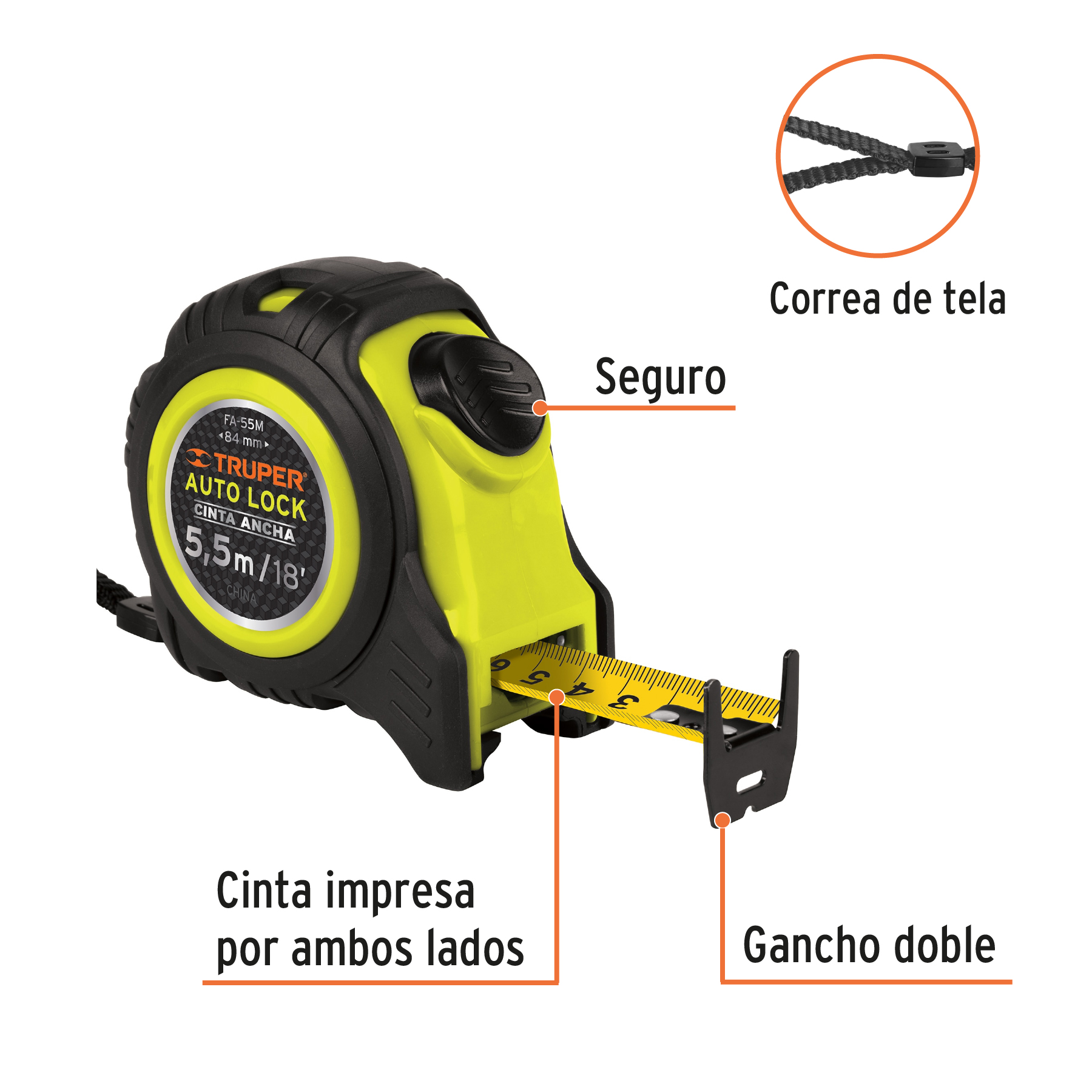 Flexómetro Auto-Lock TRUPER contra impactos 8 metros, cinta de 25