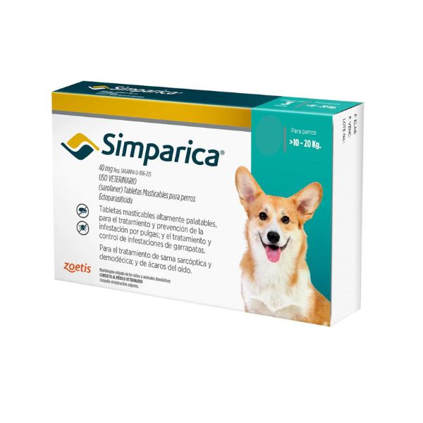 Simparica Perros De 10 a 20 Kg, 1 tableta. Pulgas, Sarna Y garrapatas