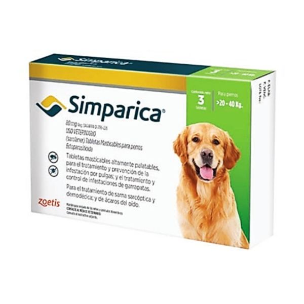 SIMPARICA Antipulgas, garrapatas Y Contra La Sarna En Perros de 20 A 40 Kg 3 TABLETAS