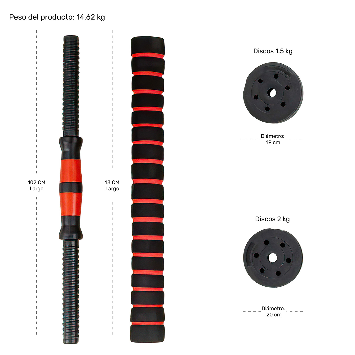 Mancuernas Ajustables 8 Pesas Set Barra Recta 15 Kg Guantes